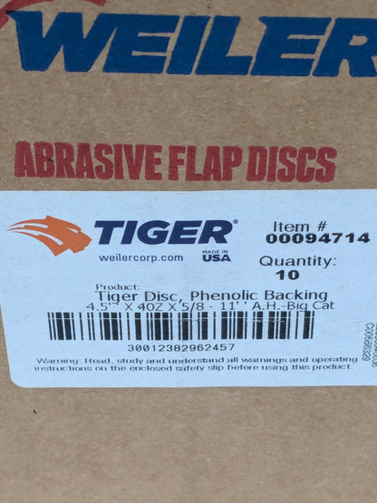 Weiler Flap Disc: 4-1/2" Dia, 40 Grit, Zirconia Alumina, Type 27 Box of 10