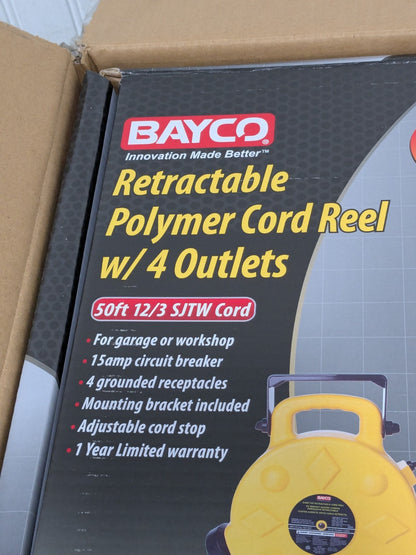 Bayco Cord & Cable Reel: 12 AWG, 50' Long, Outlet End 4 Outlet SL-8904