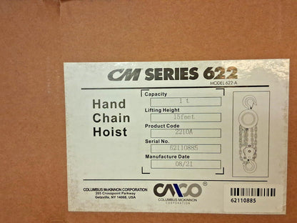 CM Manual Hoist 2000 lb Capacity 15Ft Max Lift 2210A