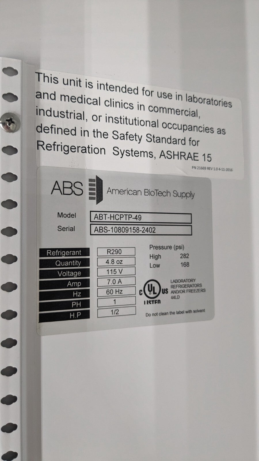 American Biotech Pass-Thru Laboratory Refrigerator 49 Cu. Ft. Capacity 115V