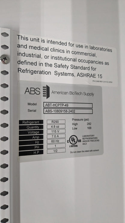 American Biotech Pass-Thru Laboratory Refrigerator 49 Cu. Ft. Capacity 115V