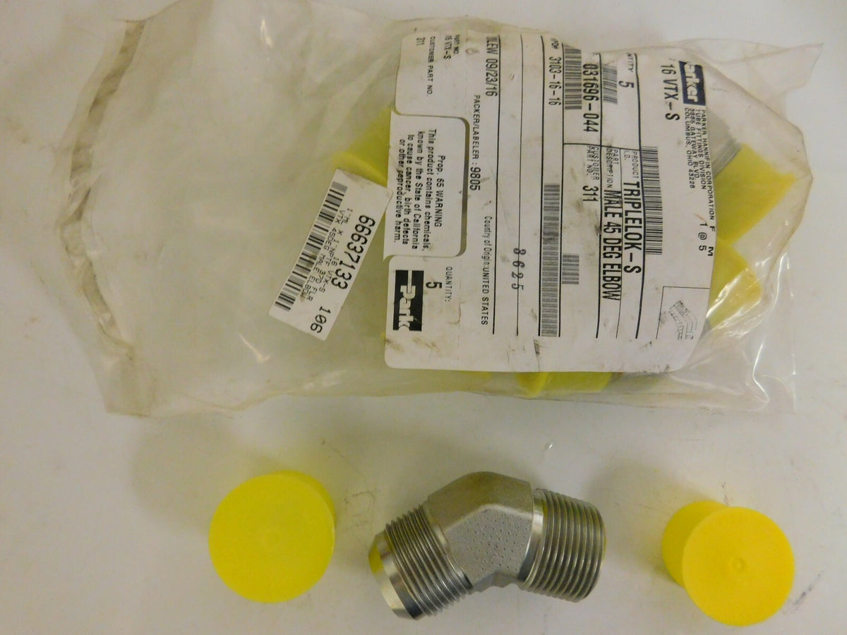 Parker 16 VTX-S Hydraulic Elbow 45 Deg 1 JIC x 1 MNPT QTY 5 PCS  16 VTX-S