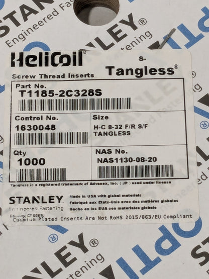 Heli-Coil Free-Running Insert: #8-32, 0.3280" OAL Roll of 1000 T1185-2C328S