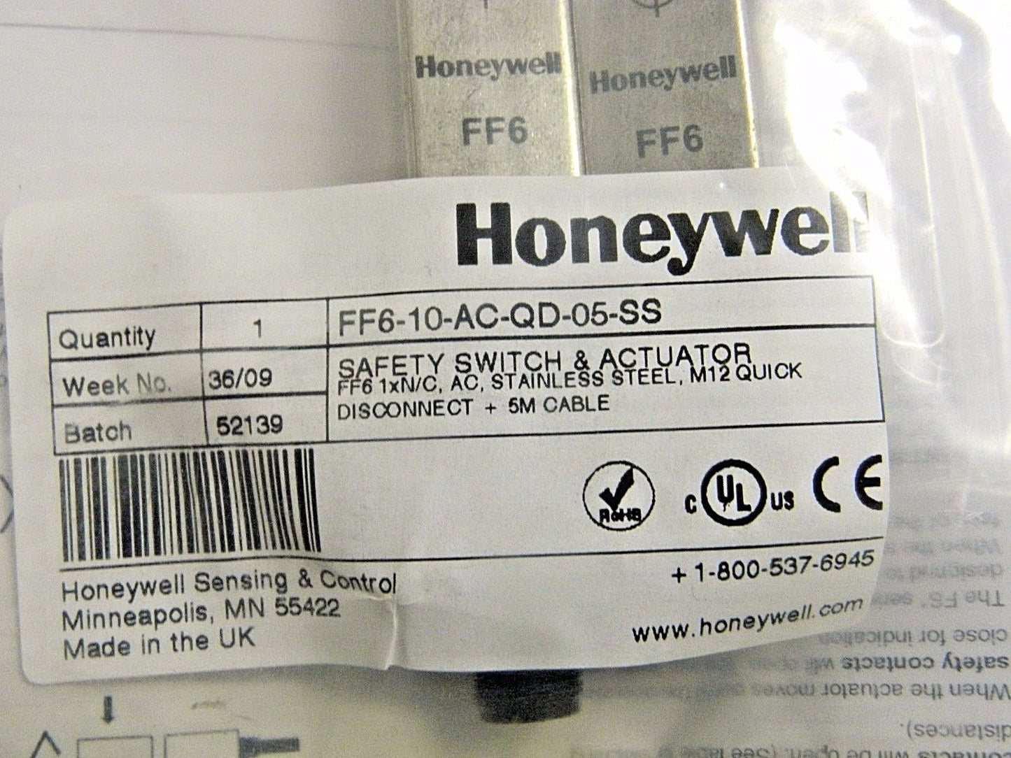 Honeywell Stainless Steel Noncontact Safety Limit Switch 230V 2A FF6-10-ACQD05SS
