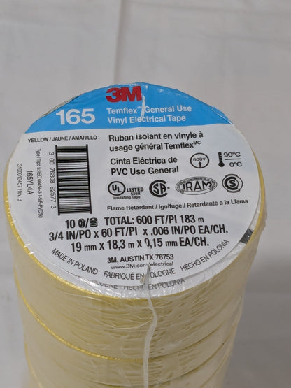 3M Electrical Tape: 3/4" Wide, 60' Long, 6 mil Thick, Yellow Qty 10 7100169490