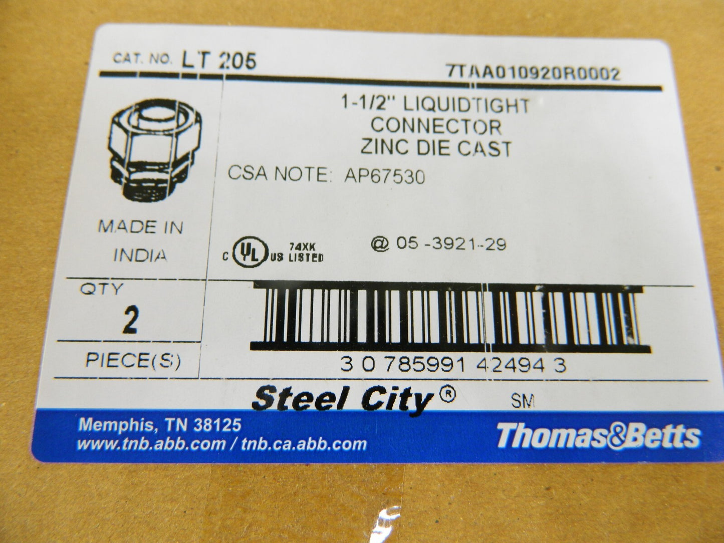 Thomas &amp; Betts 1-1/2" Liquidtight Connector Zinc Die Cast Qty 2 LT-205