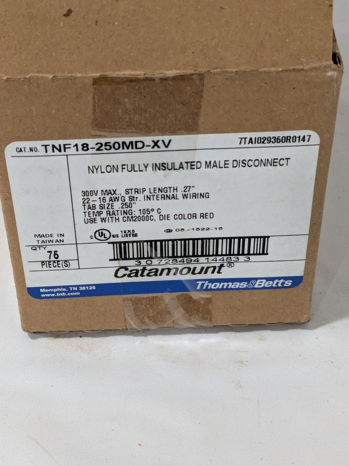 T&B Wire Disconnect Male, Nylon, 22-16 AWG, 1/4" Tab Width Qty 75 TNF18-250MD-XV