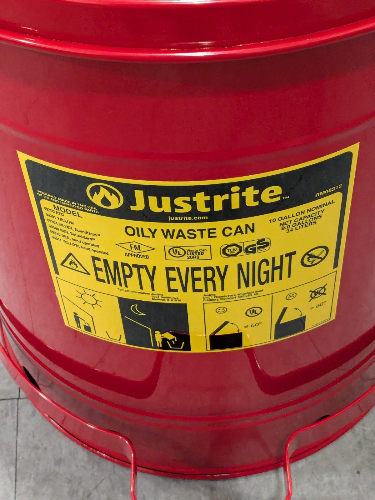 JUSTRITE Oily Waste Can: 10 gal, Steel, Foot Operated 09308
