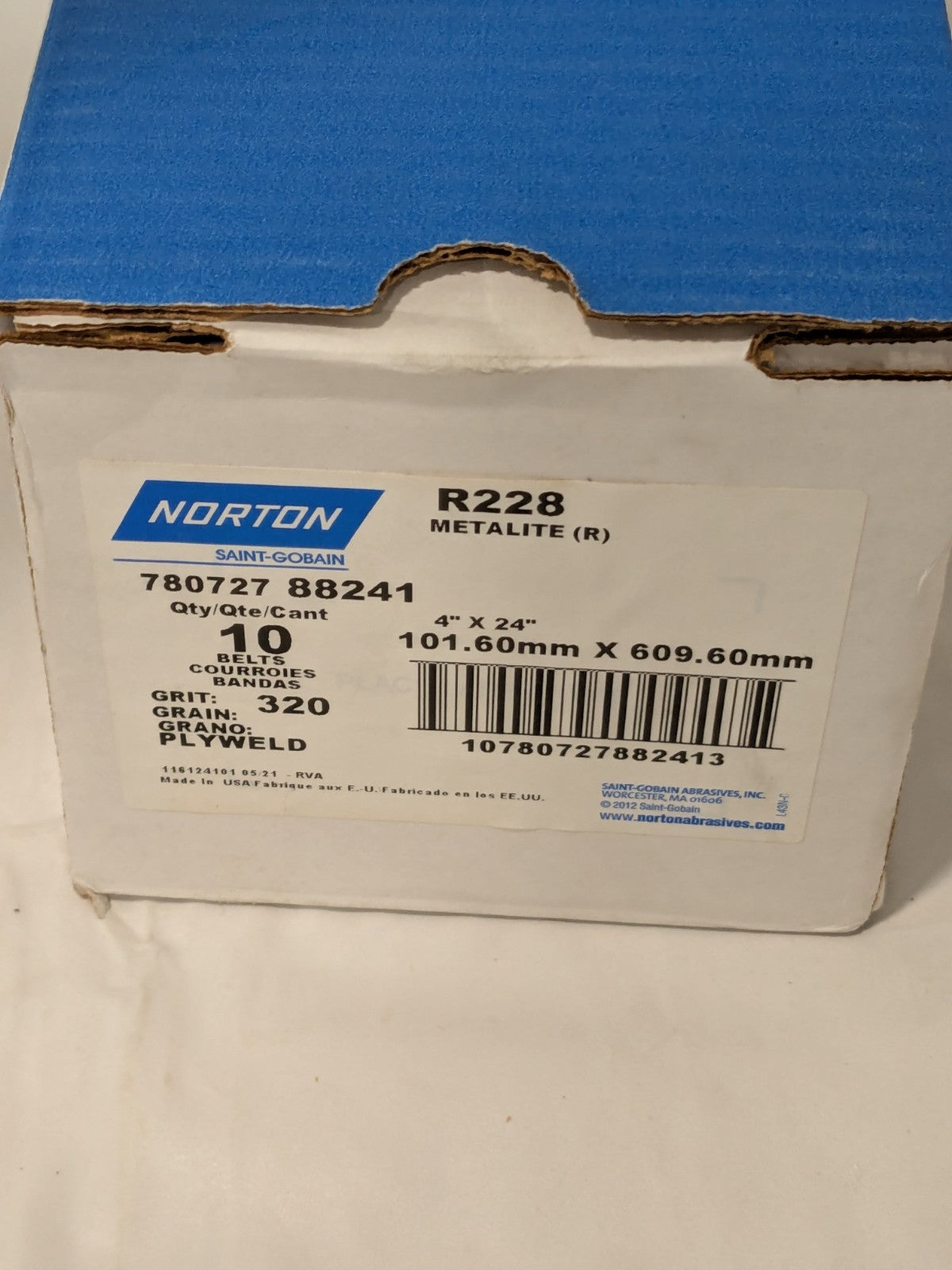 (10) Norton Abrasive Belt 4" Wide, 24" OAL, 320 Grit, Aluminum Oxide 78072788241