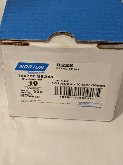 (10) Norton Abrasive Belt 4" Wide, 24" OAL, 320 Grit, Aluminum Oxide 78072788241
