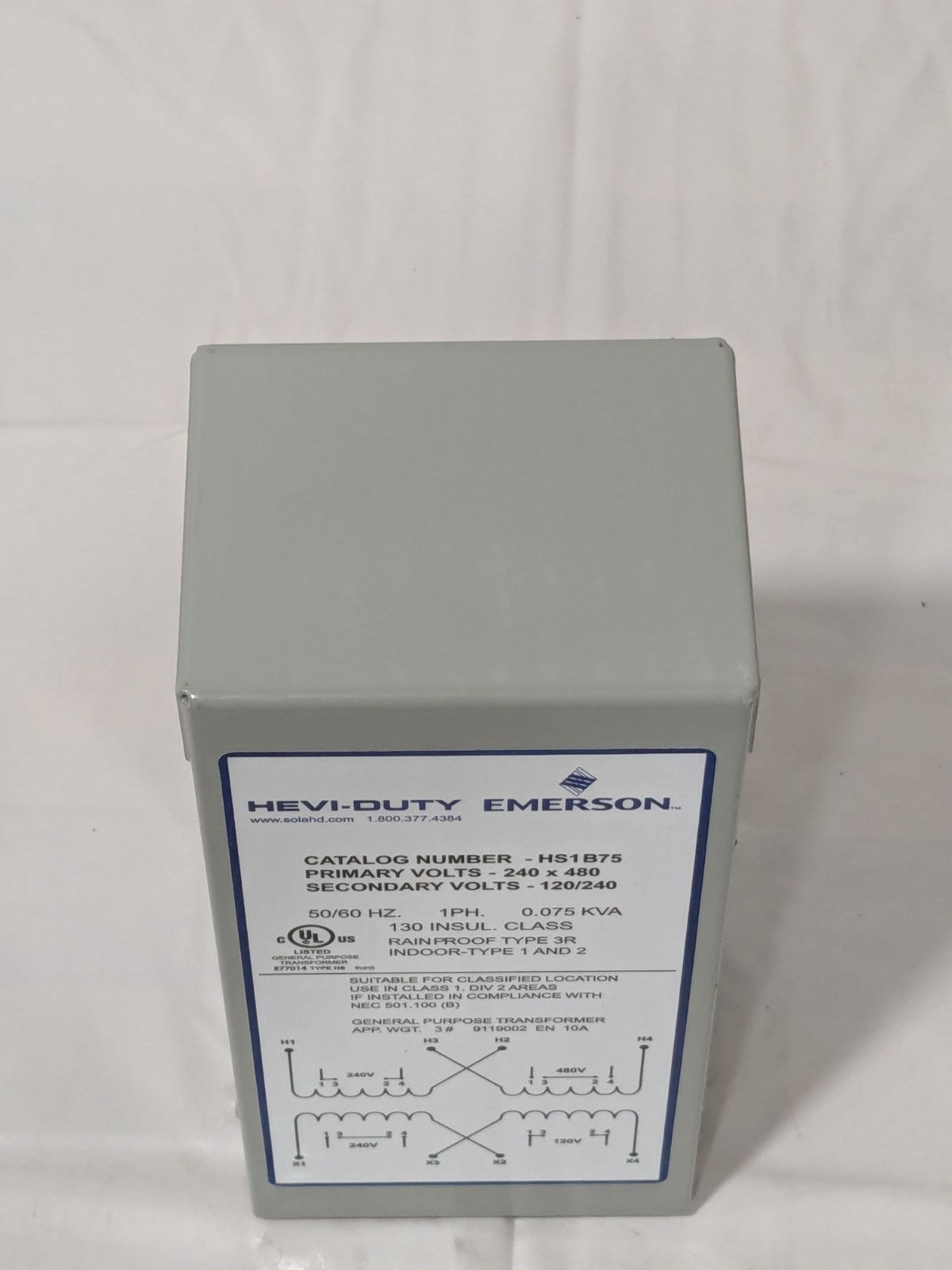 Sola/Hevi-Duty General Purpose Transformer 1 Phase, 240-480 Volt Input HS1B75