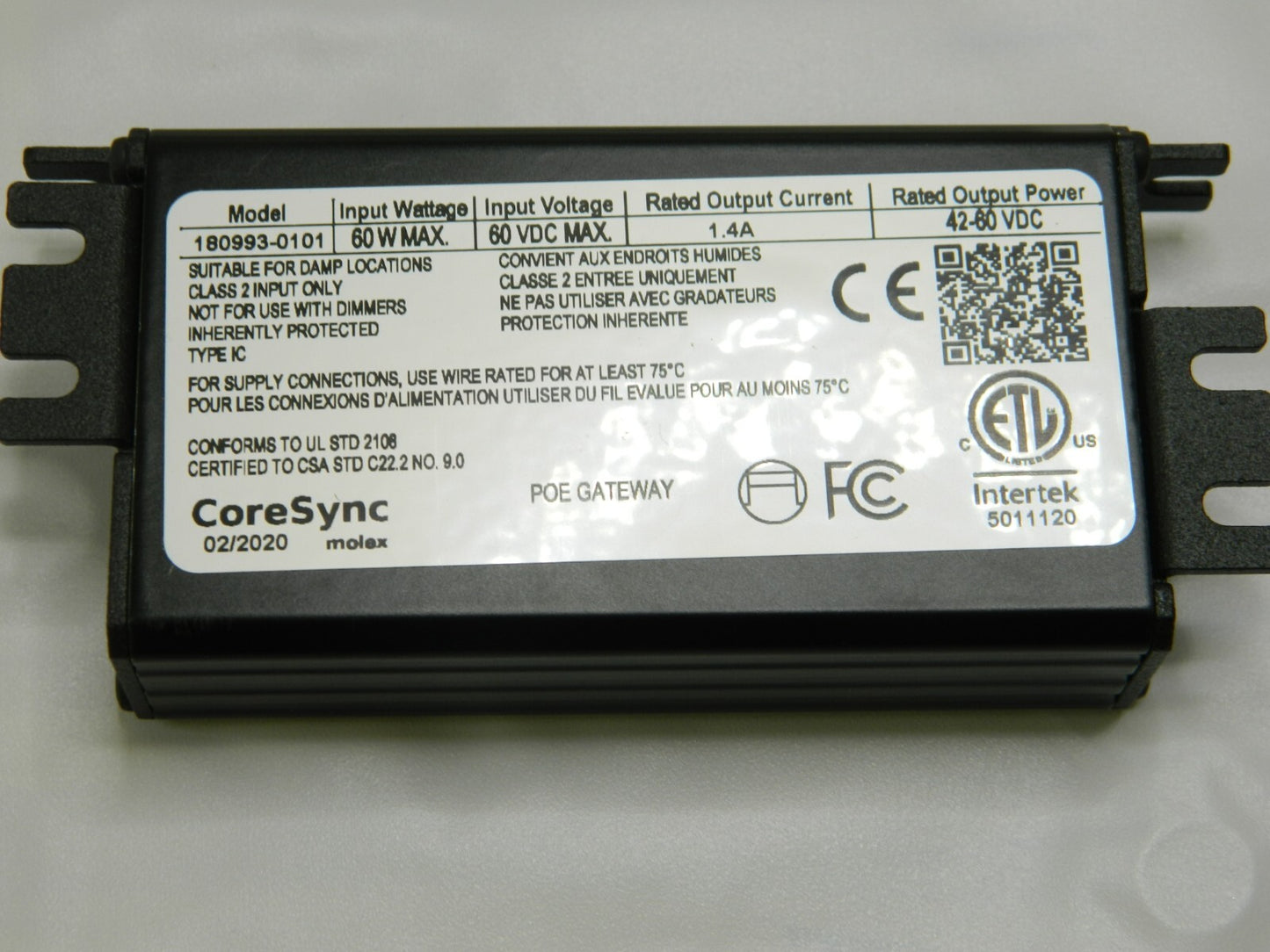 Molex POE Gateway, Black Extrusion 60W Max 60VDC Max 1.4A Output 180993-0101
