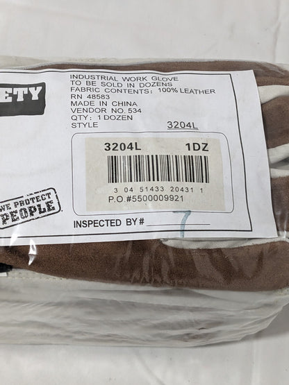 MCR SAFETY Cowhide Leather Work Gloves: Memphis 3204, Sz L Qty 12 3204L