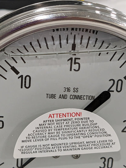 WIKA Pressure Gauge: 4" Dial, 30 psi, 1/2" Thread, Lower Back Mount 98