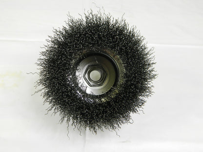WEILER Cup Brush: 4″ Diam, 0.014″ Wire Diam, Steel, Crimped 93652