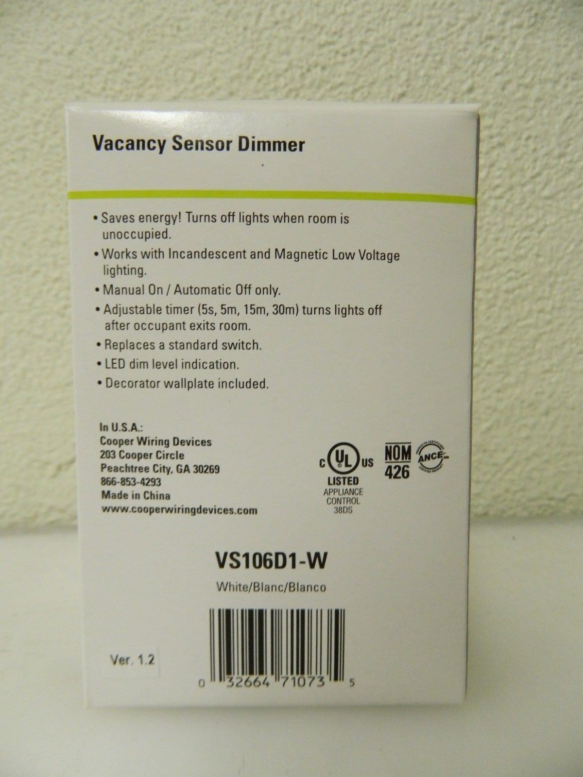 Cooper Wiring Infrared Vacancy Sensor Wall Switch 1,000 Sq. Ft. Cover VS106D1-W