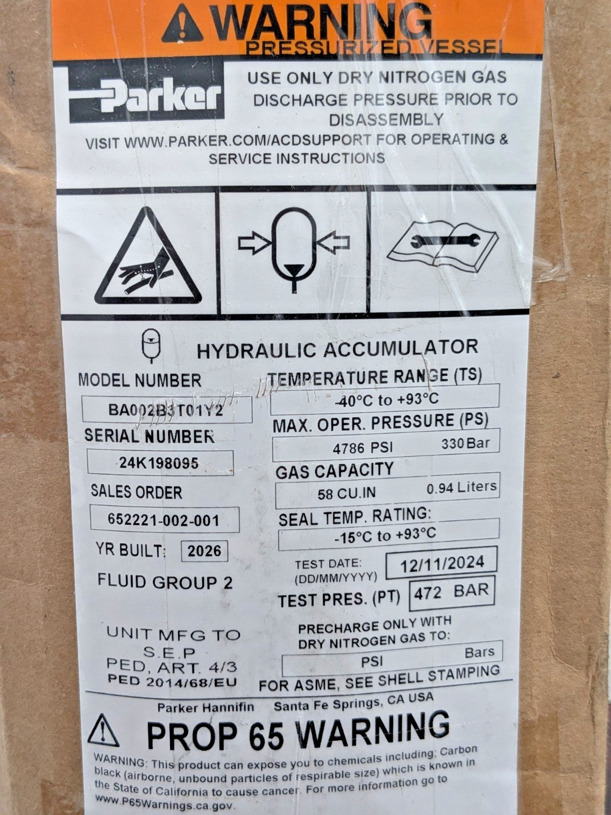 Parker Bladder Accumulator Gas Cap 58 CU.IN/ 0.94 Liters BA002B3T01Y2