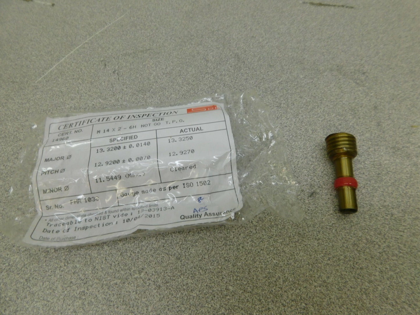SPI Metric Taperlock Thread Plug Gage Single End M14x2 Thread NOGO 34-591-8