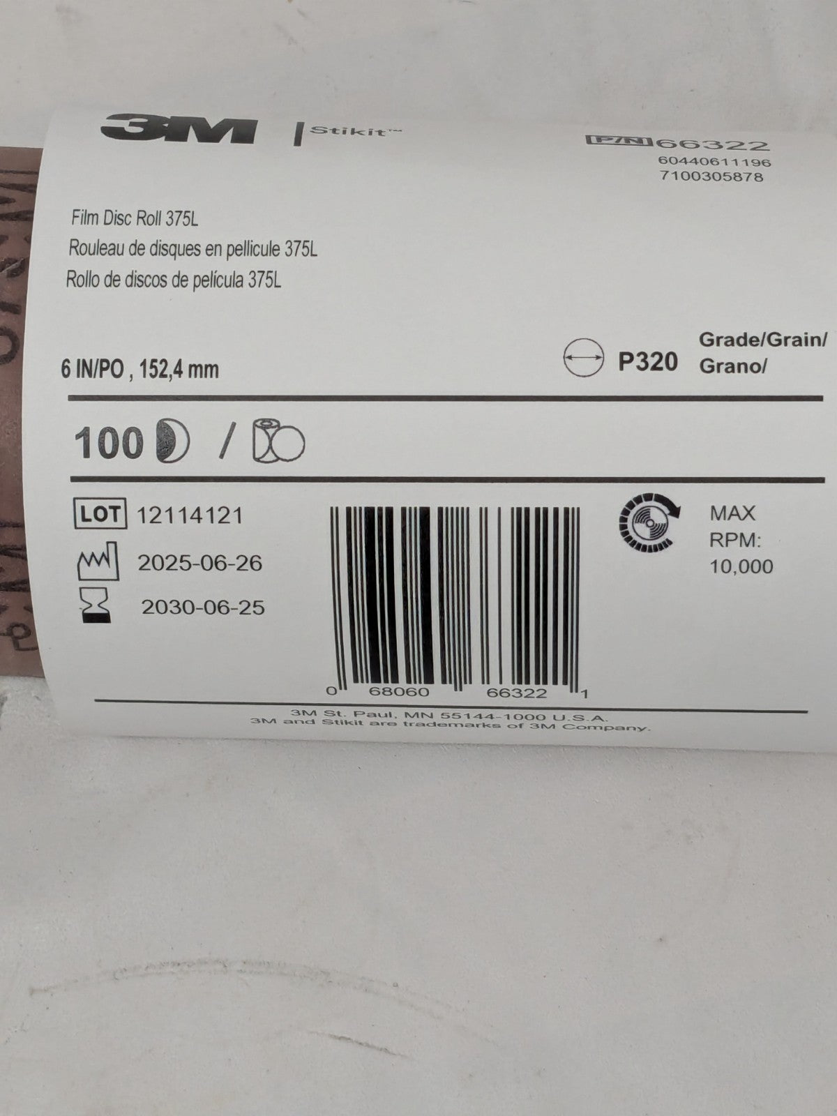 3M Stikit 6" Dia PSA Disc Roll: 320 Grit, Aluminum Oxide Qty 100 7100305878