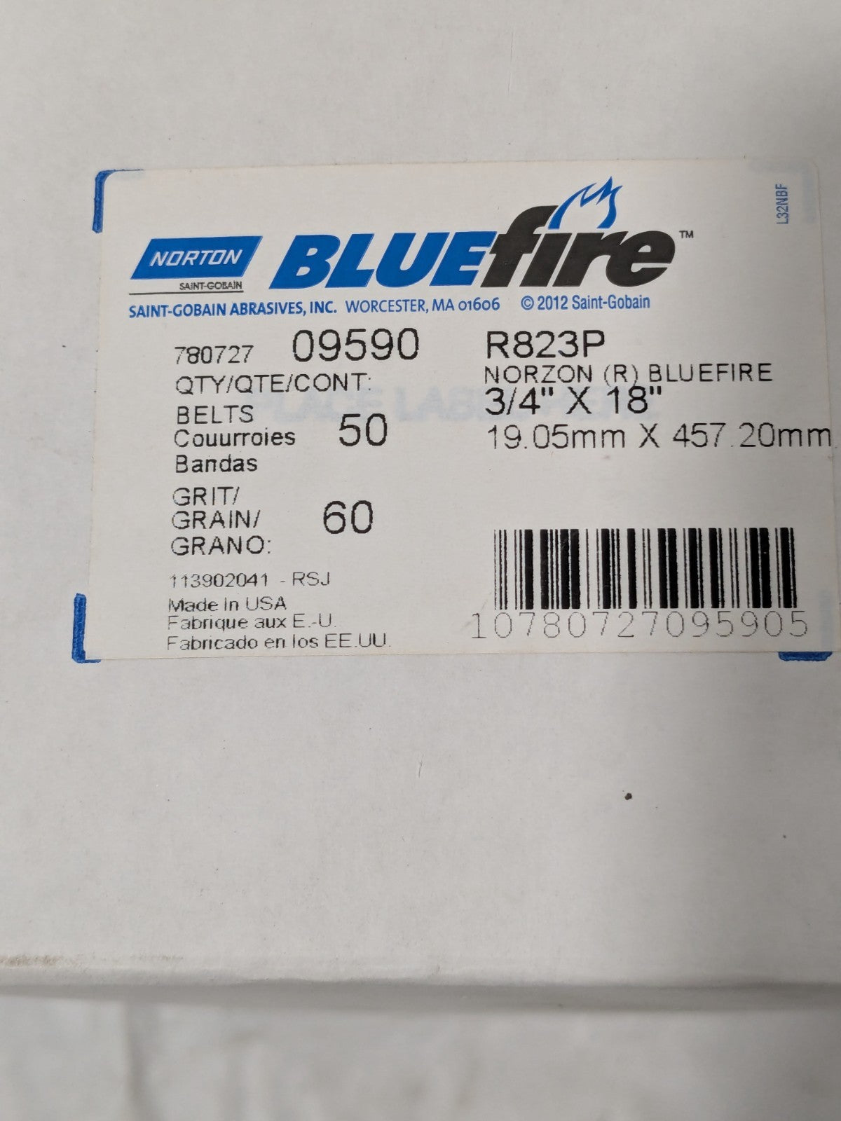 (50) Norton Abrasive Belt: 3/4" W, 18" OAL, 60G, Zirconia Alumina 78072709590