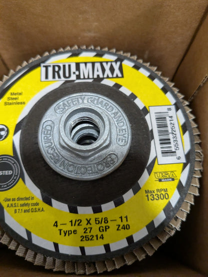 Tru-Maxx Flap Disc: 4-1/2" Dia, Zirconia Alumina, Type 27 Qty 10 66254443391