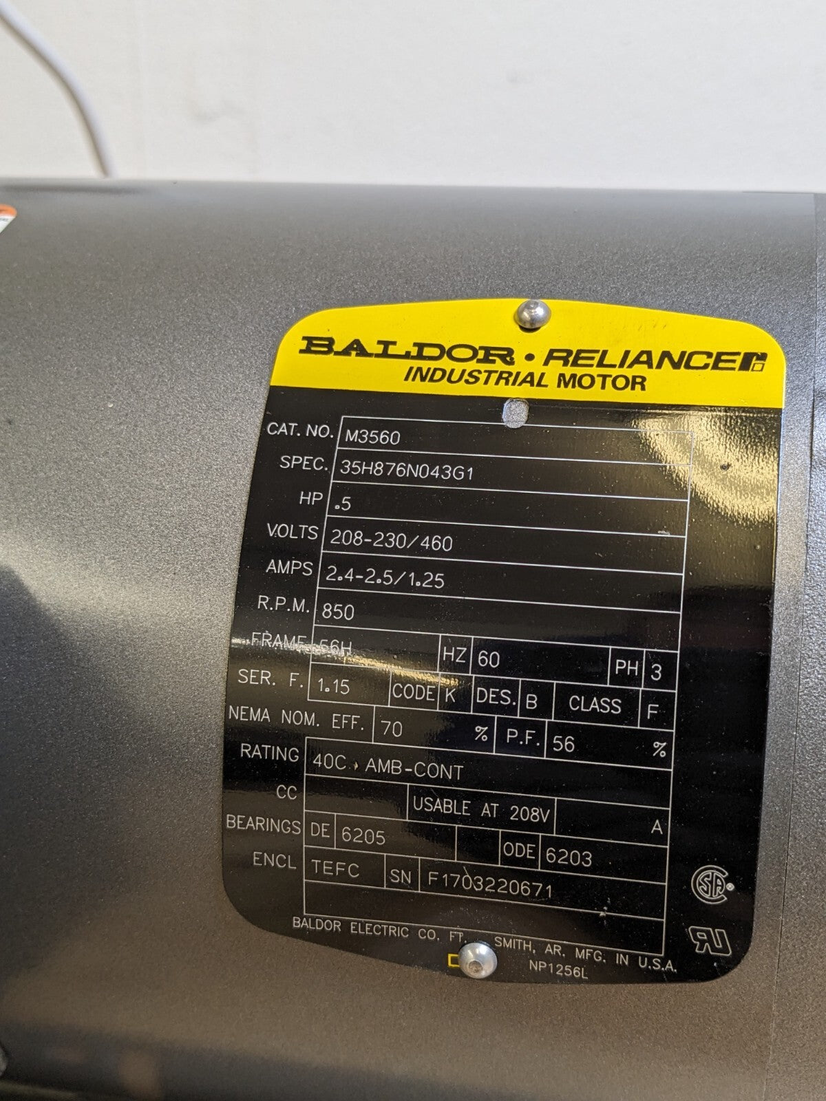 Baldor General Purpose Motor 1/2 HP 850 RPM 56H TEFC 208-230/460VAC 3 Ph M3560