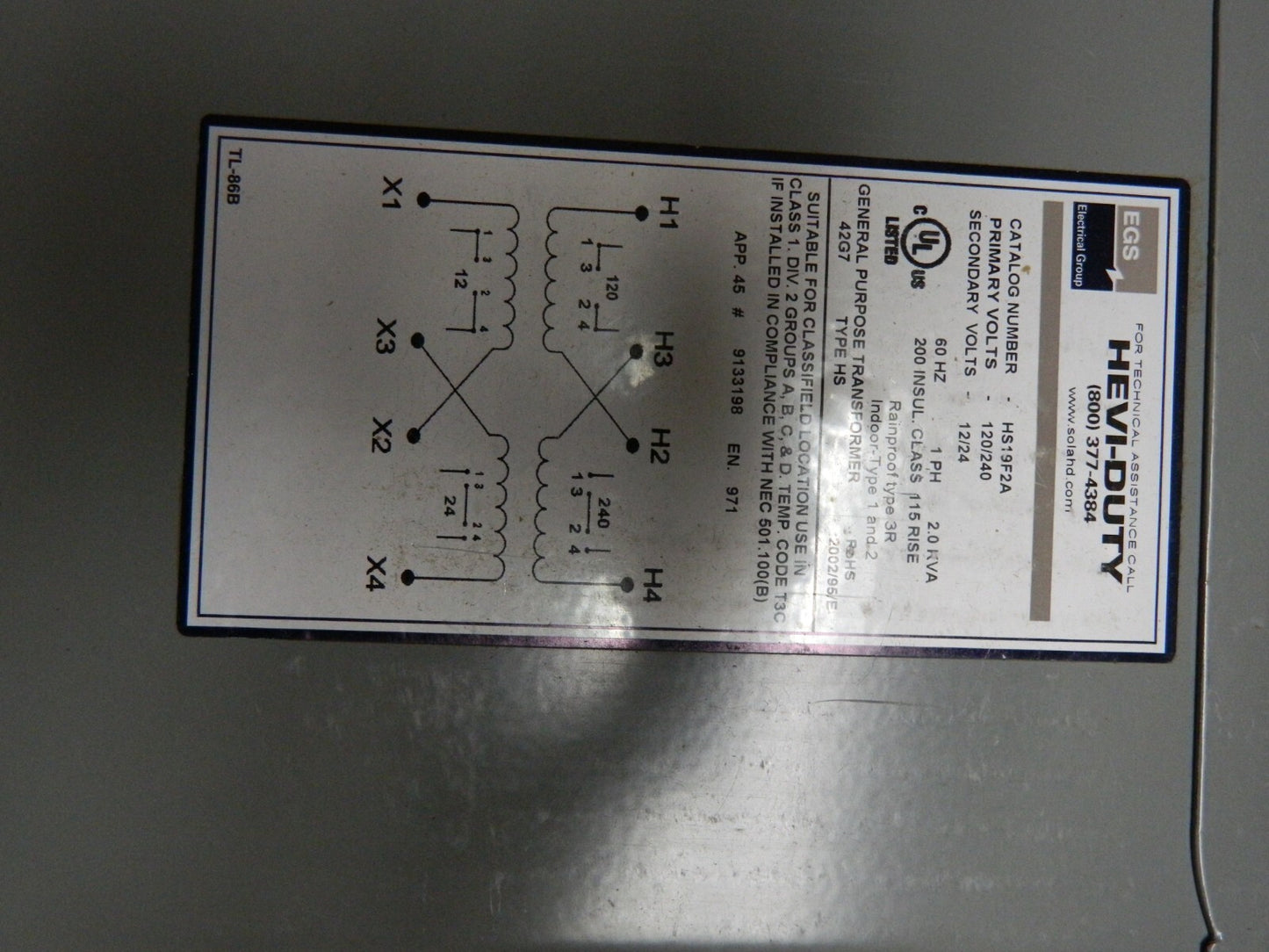 SOLA/HEVI-DUTY 120/240 Input Volt 12/24 Output Volt 60 Hz Buck Boost Transformer