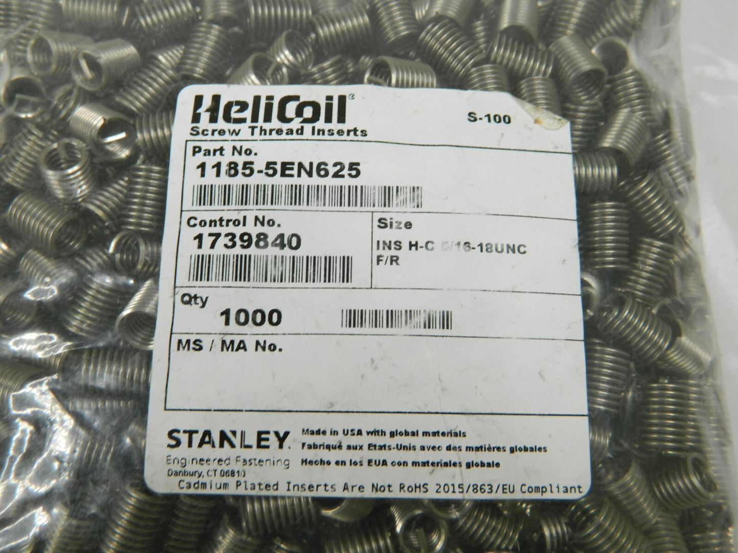 HELI-COIL Free Running Insert: 5/16-18, 0.625 OAL Qty 1000 A1185-5EN625