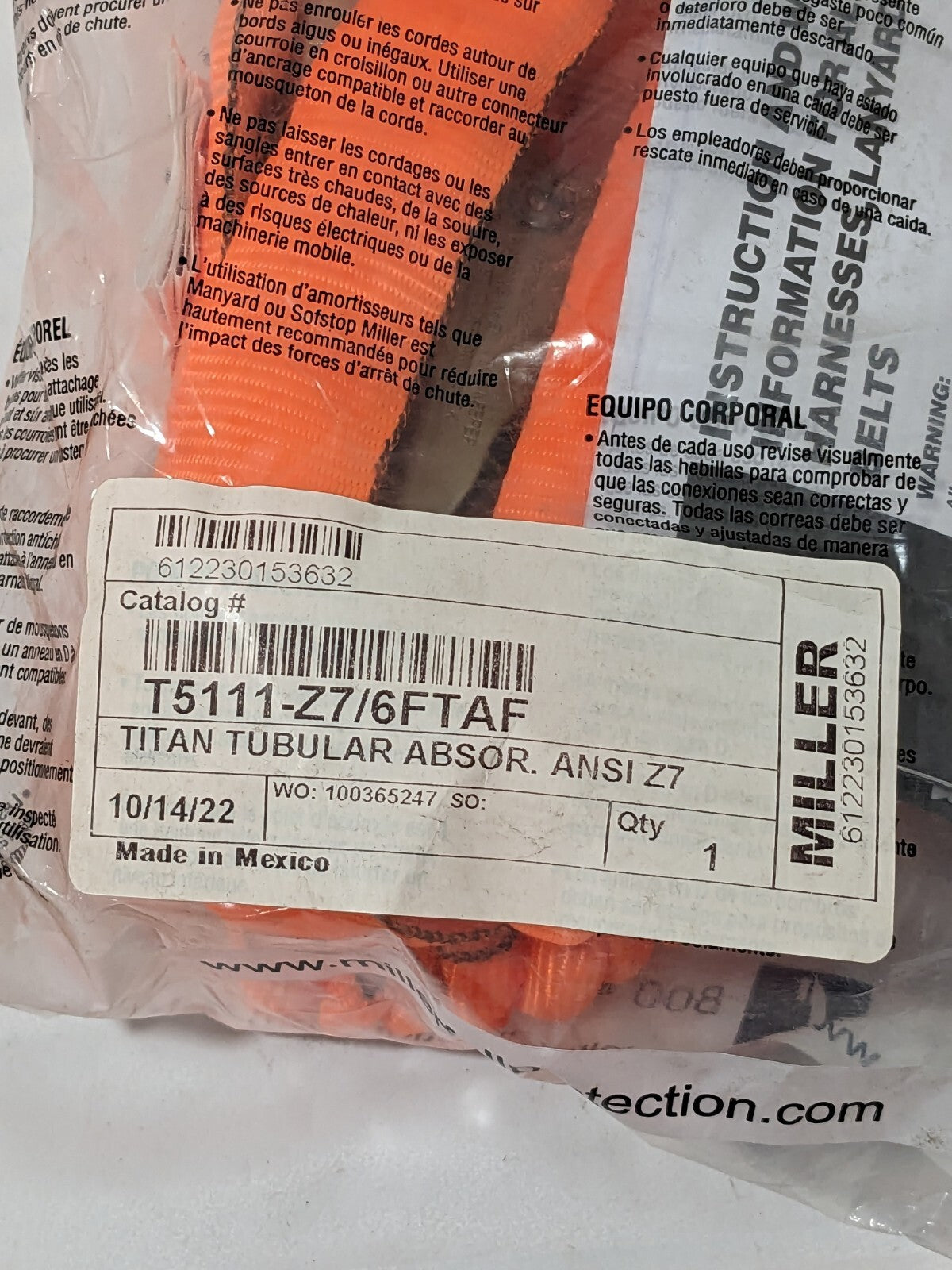 Miller Titan 6' Tubular Shock-Absorbing Lanyard 310 Lb Cap T5111-Z7/6FTAF