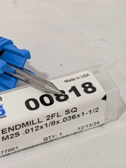 SGS Square End Mill: 0.0120" Dia, 0.0360" LOC, 2 FL 00818