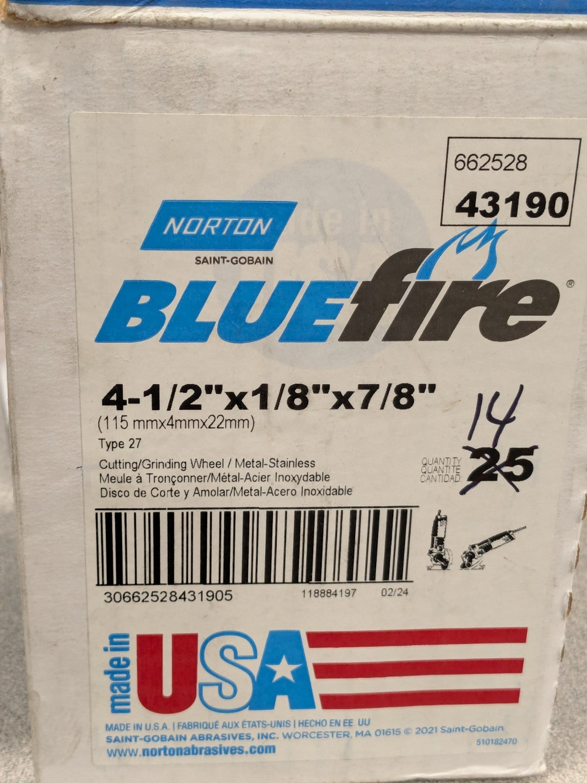 (14) Norton Depressed-Center Wheel 4-1/2" Dia, 1/8" Thick, 7/8" Hole 66252843190
