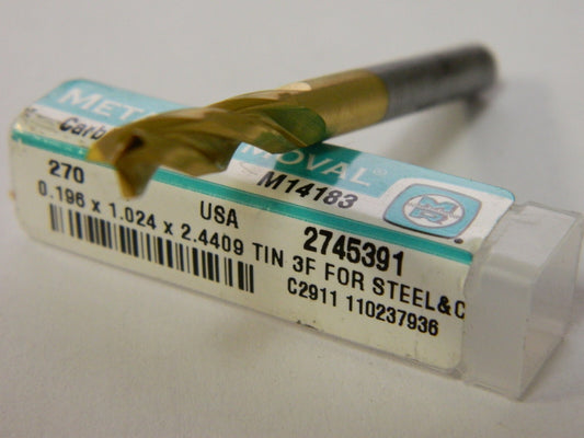 Metal Removal 0.196" x 1.024" x 23.4409" TiN 3 FL Carbide Drill QTY 2  M14183