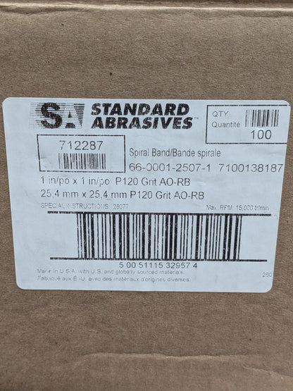 SA Spiral Band: Aluminum Oxide, 1" Dia, 1" Wide, 120 Grit Qty 100 7100138187