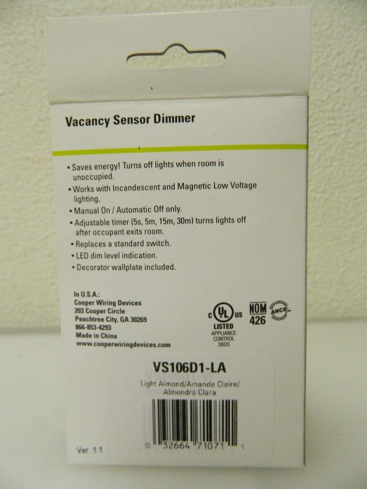 Cooper Wiring Infrared Vacancy Sensor Wall Switch 1,000 Sq. Ft. Cover VS106D1-LA