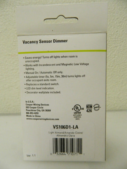 Cooper Wiring Infrared Vacancy Sensor Wall Switch 1,000 Sq. Ft. Cover VS106D1-LA