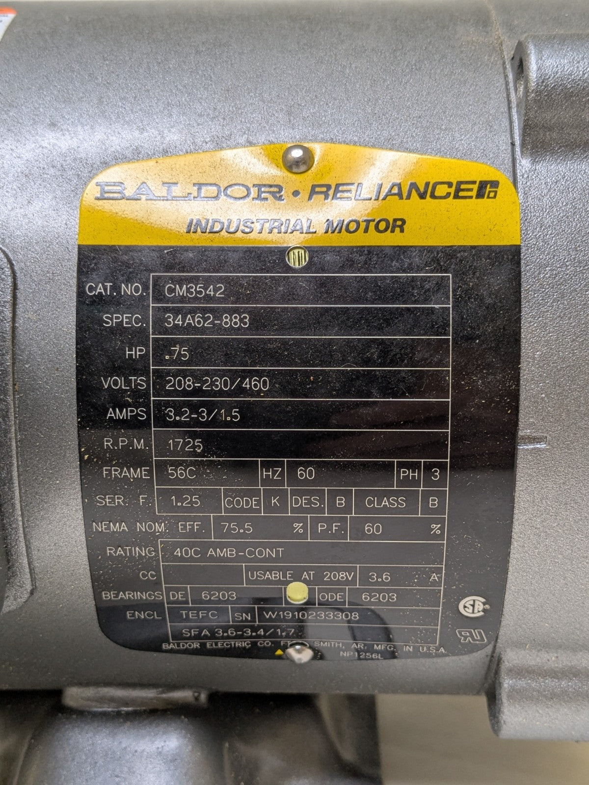 Baldor Industrial Motor 56C 3/4 HP 1725 RPM 208-230/460v 3 Phase CM3542