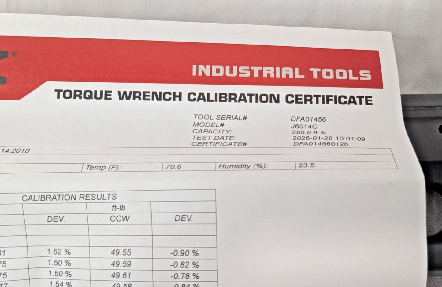 Proto 1/2" Drive Micrometer Torque Wrench w/Certificate 50 to 250 Ft/Lb J6014C