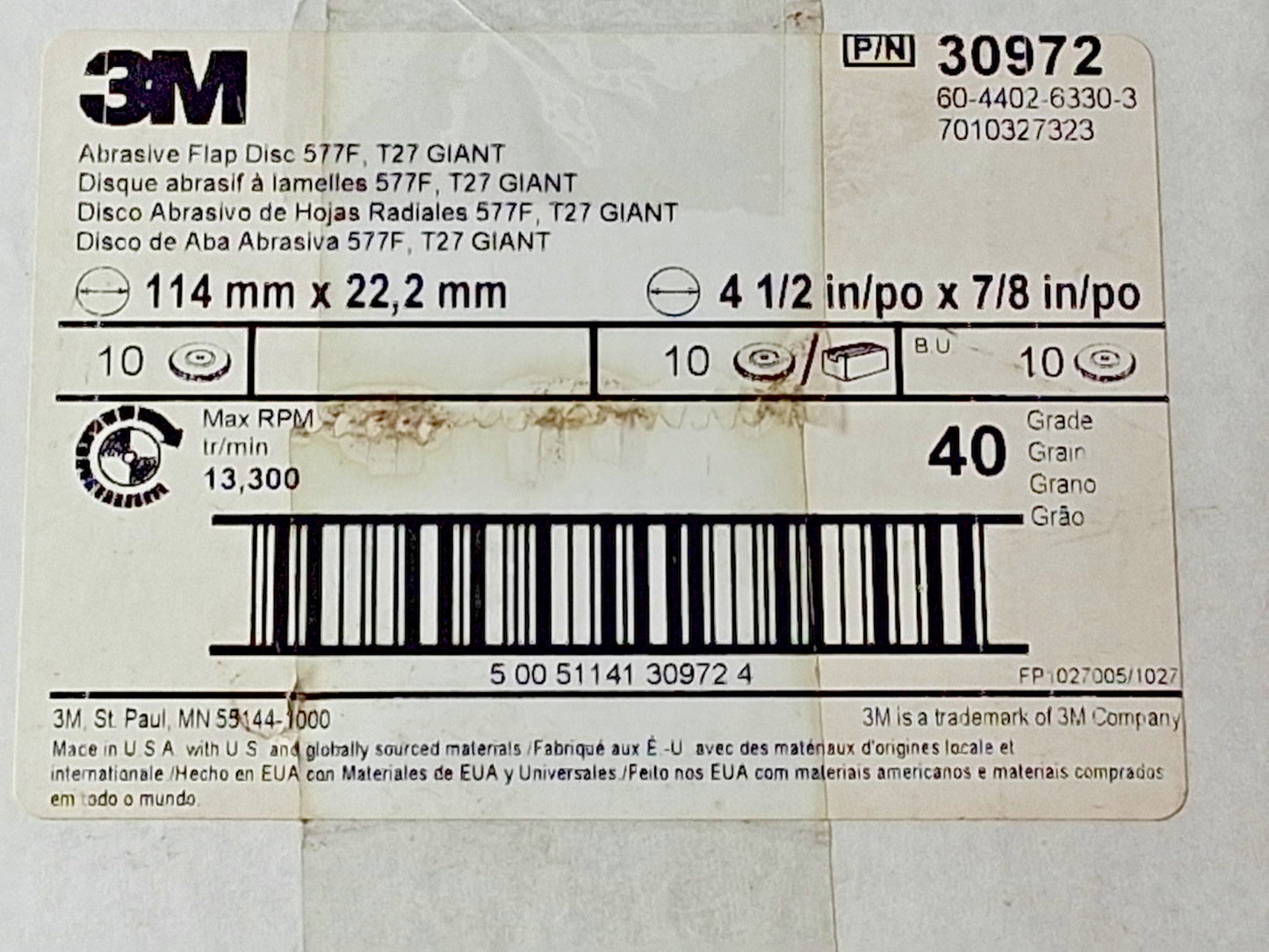 3M 40 Grit Zirconia Alumina Flap Discs QTY10 4-1/2" Dia 7/8" Hole 71369938
