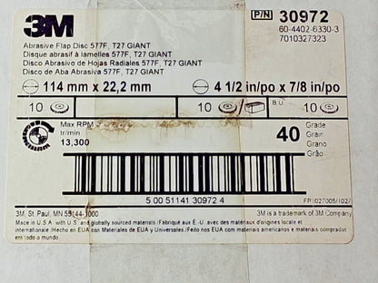 3M 40 Grit Zirconia Alumina Flap Discs QTY10 4-1/2" Dia 7/8" Hole 71369938