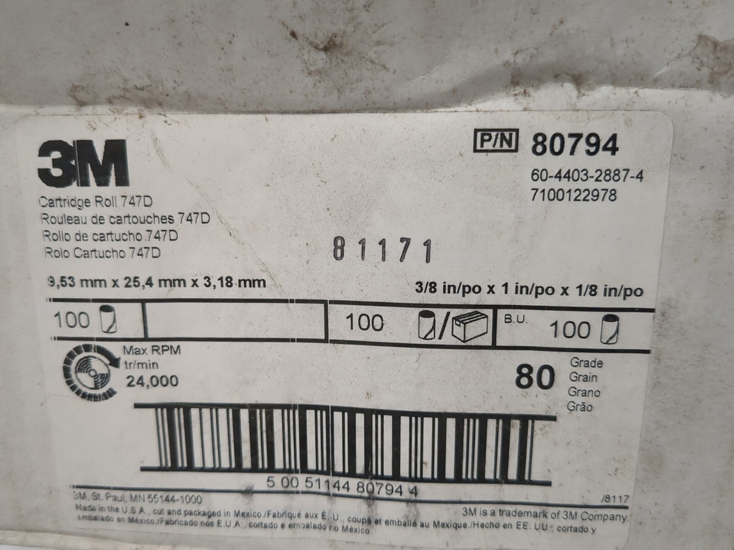 3M approx 100ct Straight Cartridge Roll: 3/8" Dia, 80 Grit, Ceramic 7100122978