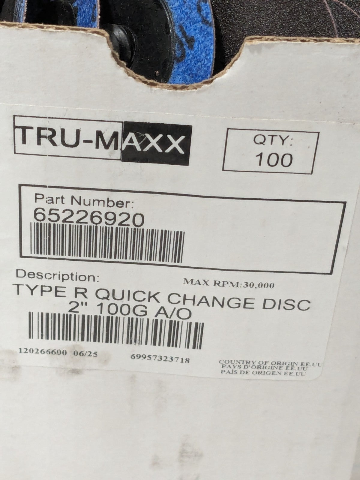 (100) Tru-Maxx Quick-Change Disc: Type R, 2" Dia, 100G, AO, Coated 69957323718