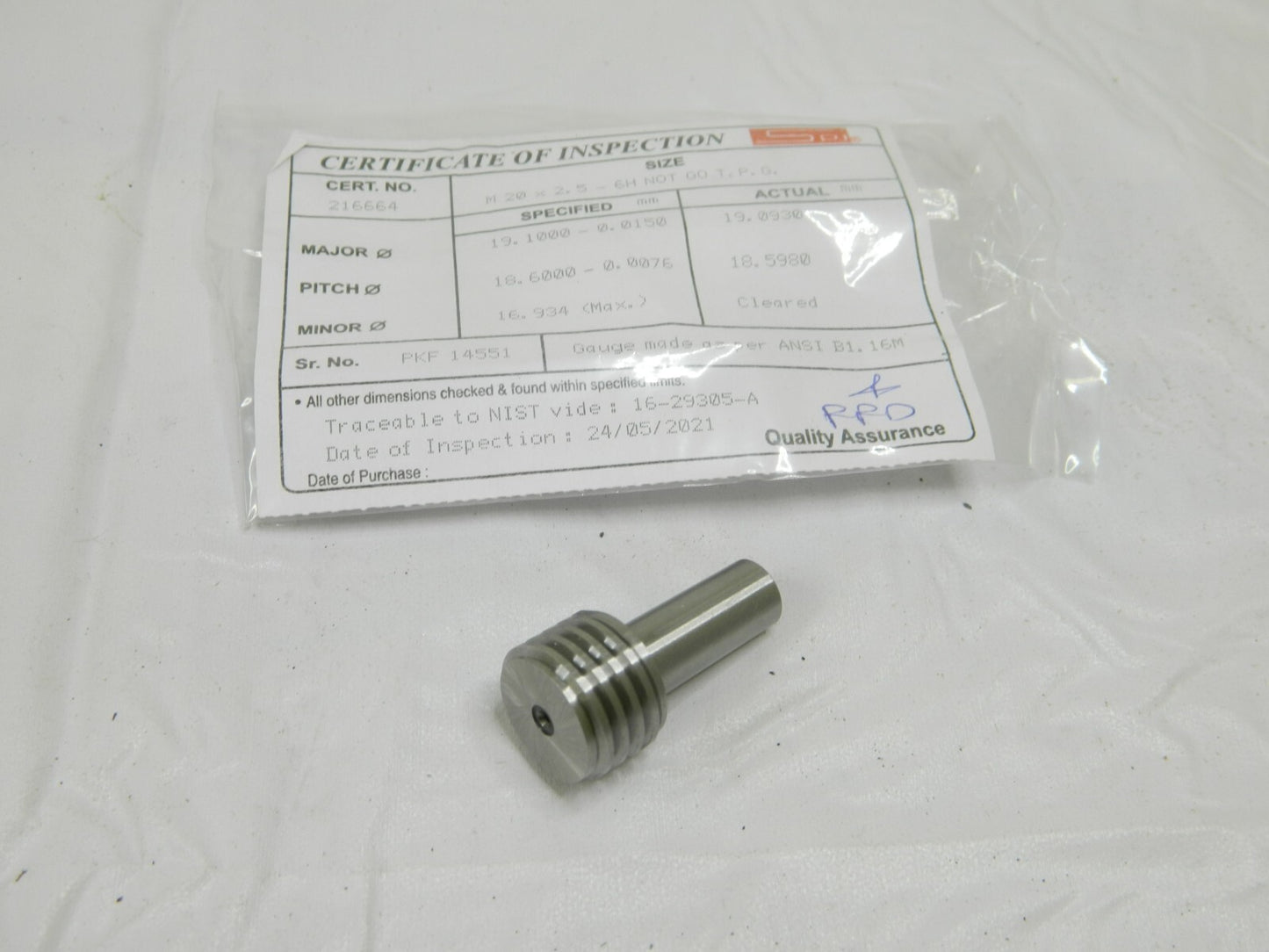 SPI Plug Thread Gage: M20x2.5 Thread, 6H Class, Single End, No Go 37-164-1