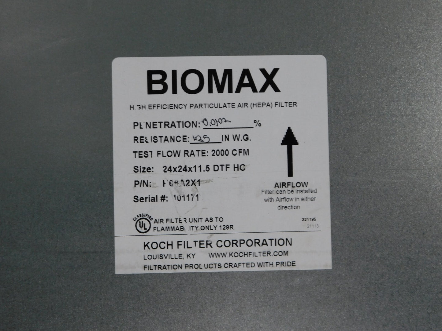 Koch HEPA Air Filter 99.97% Efficiency 24" H x 24" W 11-1/2" D H66A2X1 DAMAGE
