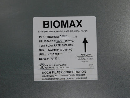 Koch HEPA Air Filter 99.97% Efficiency 24" H x 24" W 11-1/2" D H66A2X1 DAMAGE