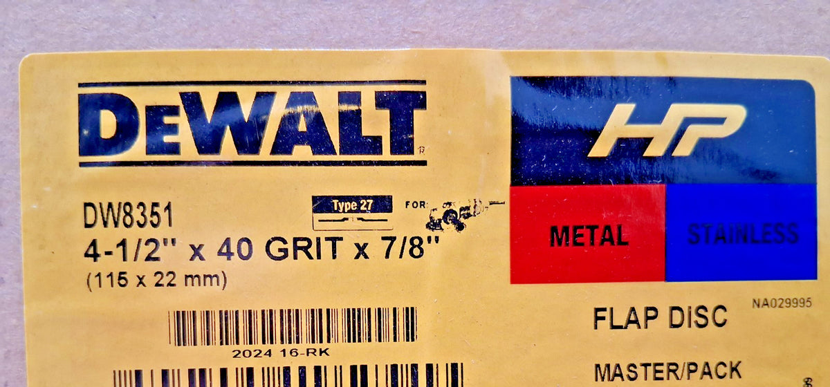 Dewalt Zirconia Alumina Flap Discs QTY5 4-1/2" Dia 7/8" Hole 40 Grit DW8351