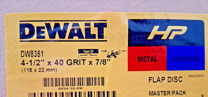 Dewalt Zirconia Alumina Flap Discs QTY5 4-1/2" Dia 7/8" Hole 40 Grit DW8351
