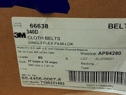 3M Abrasive Belts 37" Wide 75" OAL 80 Grit QTY2 7100231493