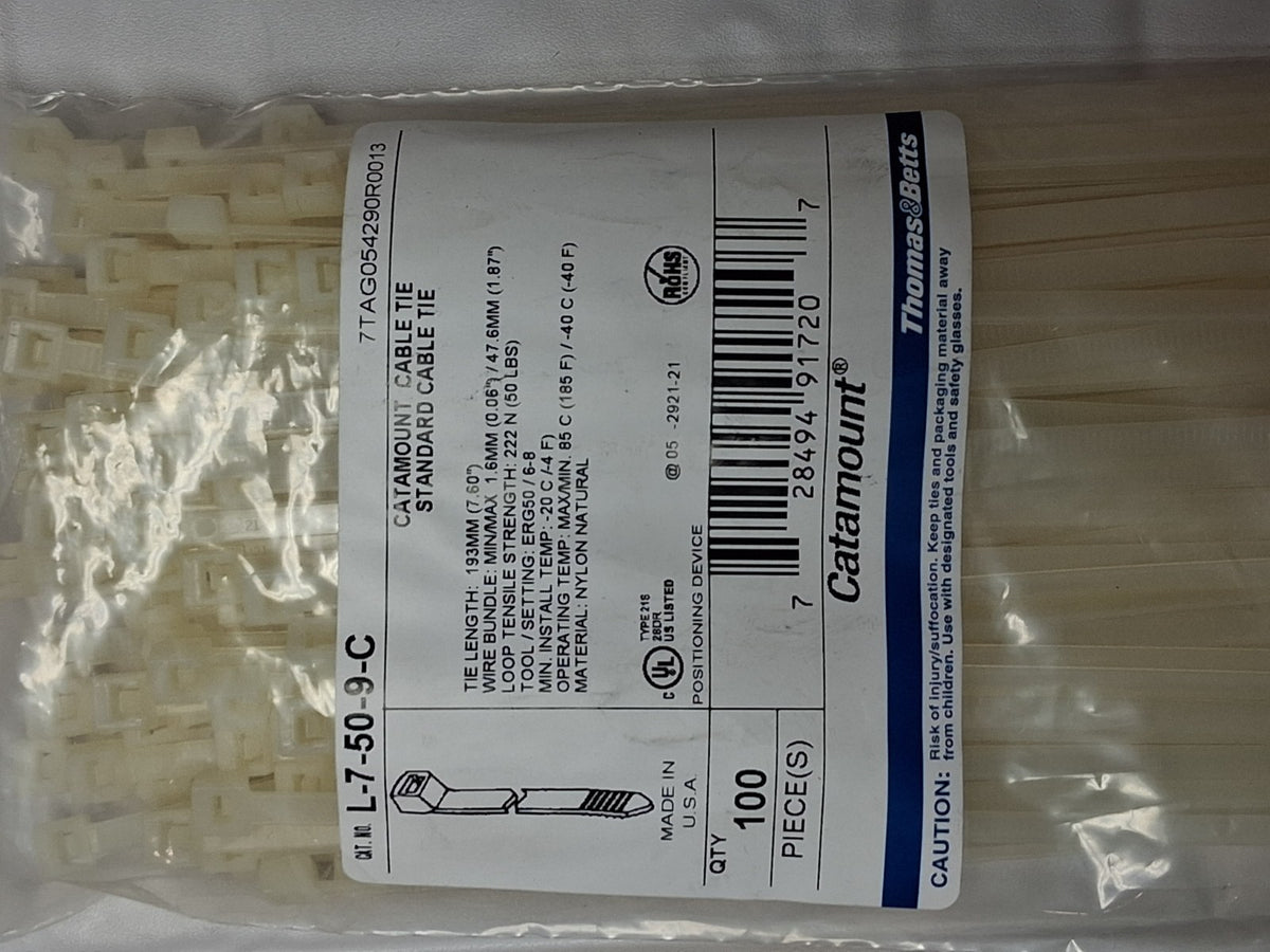 Catamount Nylon Cable Tie 7.6" 50 lb Tensile Natural QTY10 Pk Of 100 L-7-50-9-C