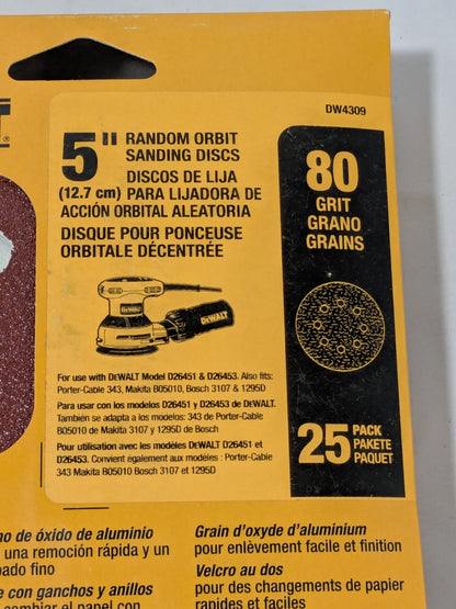 DEWALT Hook & Loop Disc: 5" Dia, 80 Grit, Coated, Aluminum Oxide Qty 50 DW4309