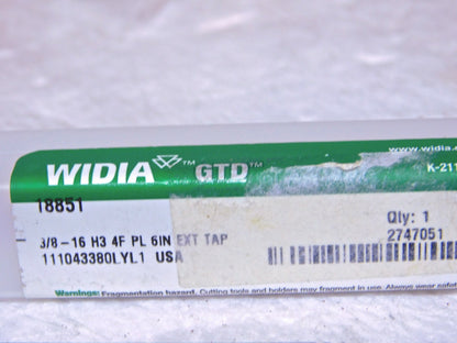 Widia GTD HSS Extension Hand Plug Tap 3/8-16 H3 Thread Limit 6 OAL 18851 USA